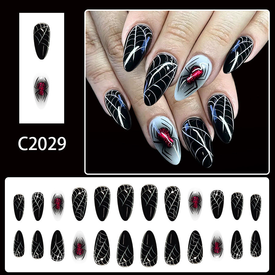 Medium Shiny Almond Halloween Press On Nails 24 Pcs, Sweet Cool Dark Spider Web Glitter Design