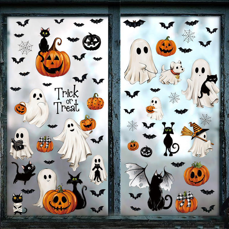 Halloween White Ghost Bat Pumpkin Static Cling Window Decals, Removable Window Sticker Decorations