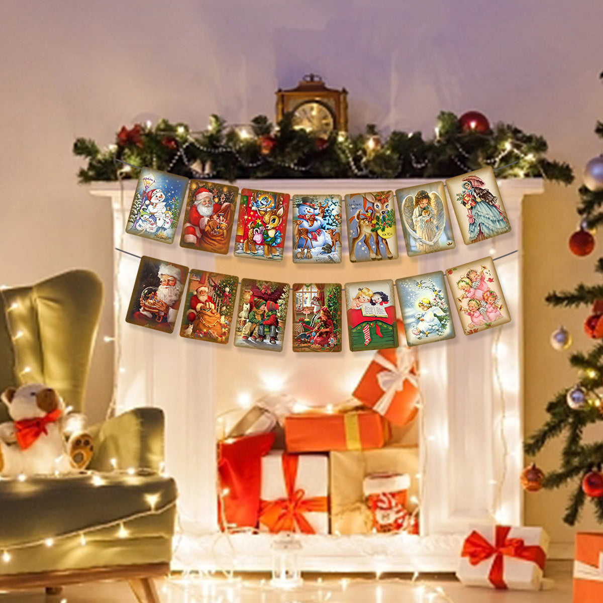 Victorian Style Santa Christmas Banner, Fireplace Mantel Hanging Flag Holiday Decorations