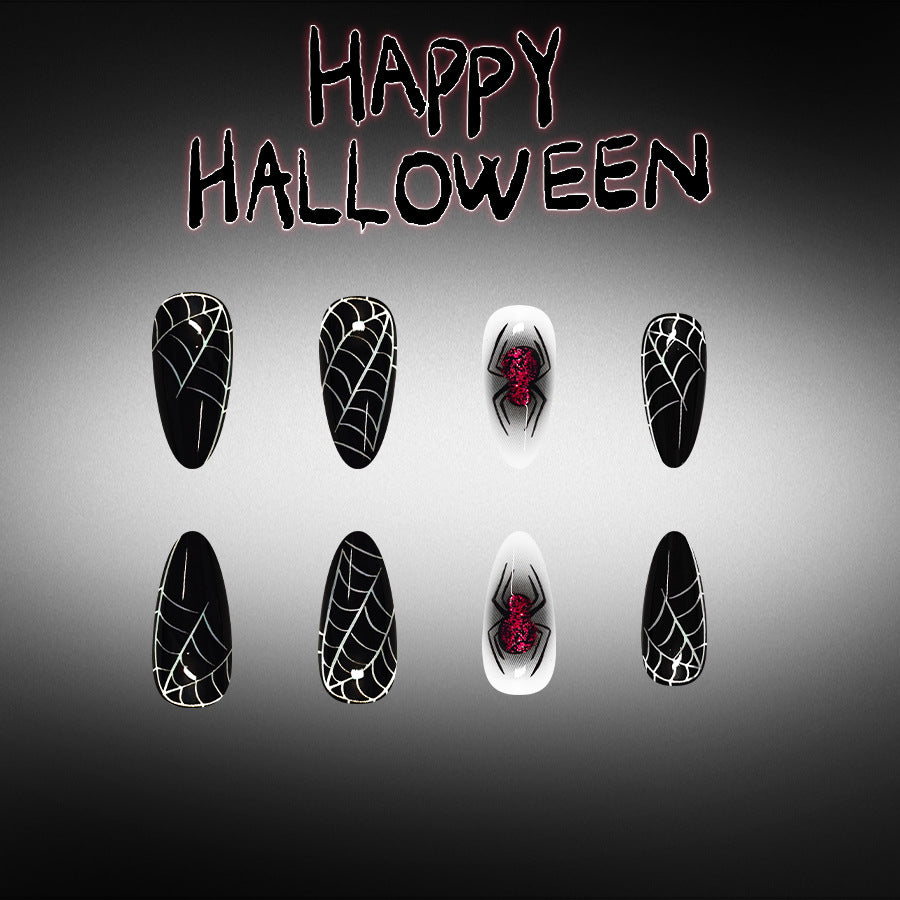 Medium Shiny Almond Halloween Press On Nails 24 Pcs, Sweet Cool Dark Spider Web Glitter Design