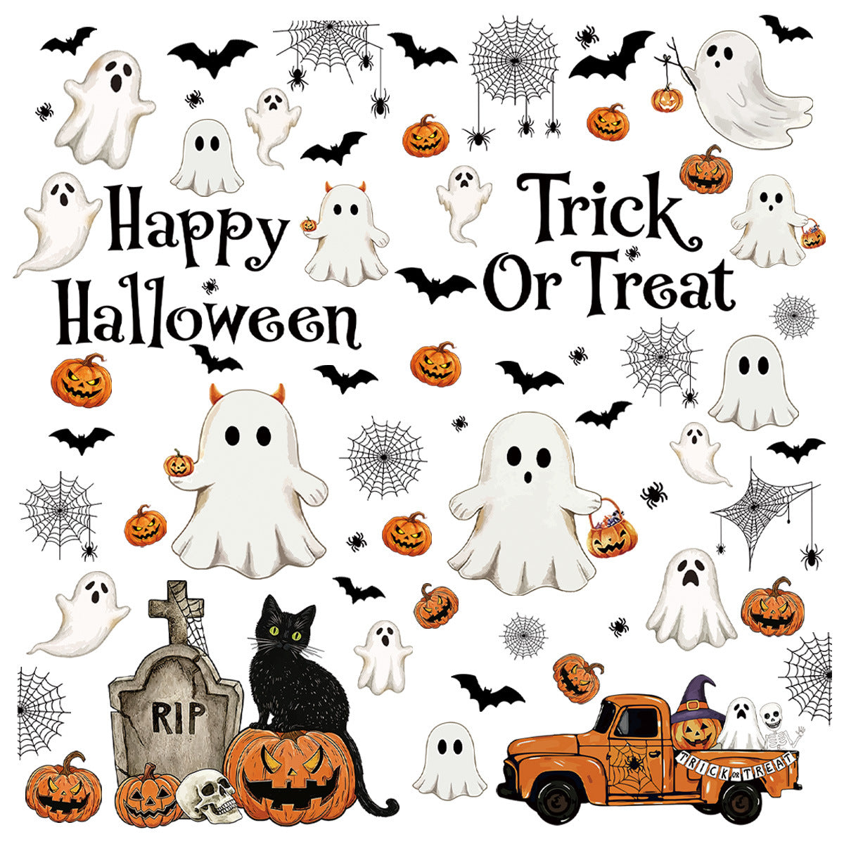 Halloween Cute Cartoon Window Clings, Ghost Pumpkin Bat Black Cat PVC Glass Stickers