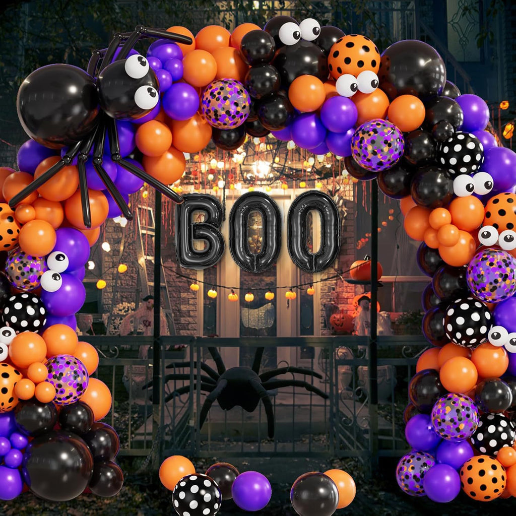 Halloween Balloon Garland Arch Kit, BOO Black And Orange Confetti Balloons With Spider Decorations Party Balloon Chain