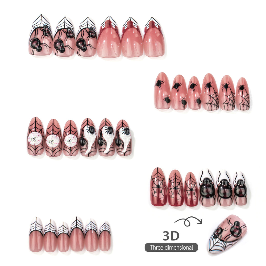 30 Pcs Halloween 3D Spider Press On Nails, Blood Drop Web French False Nails