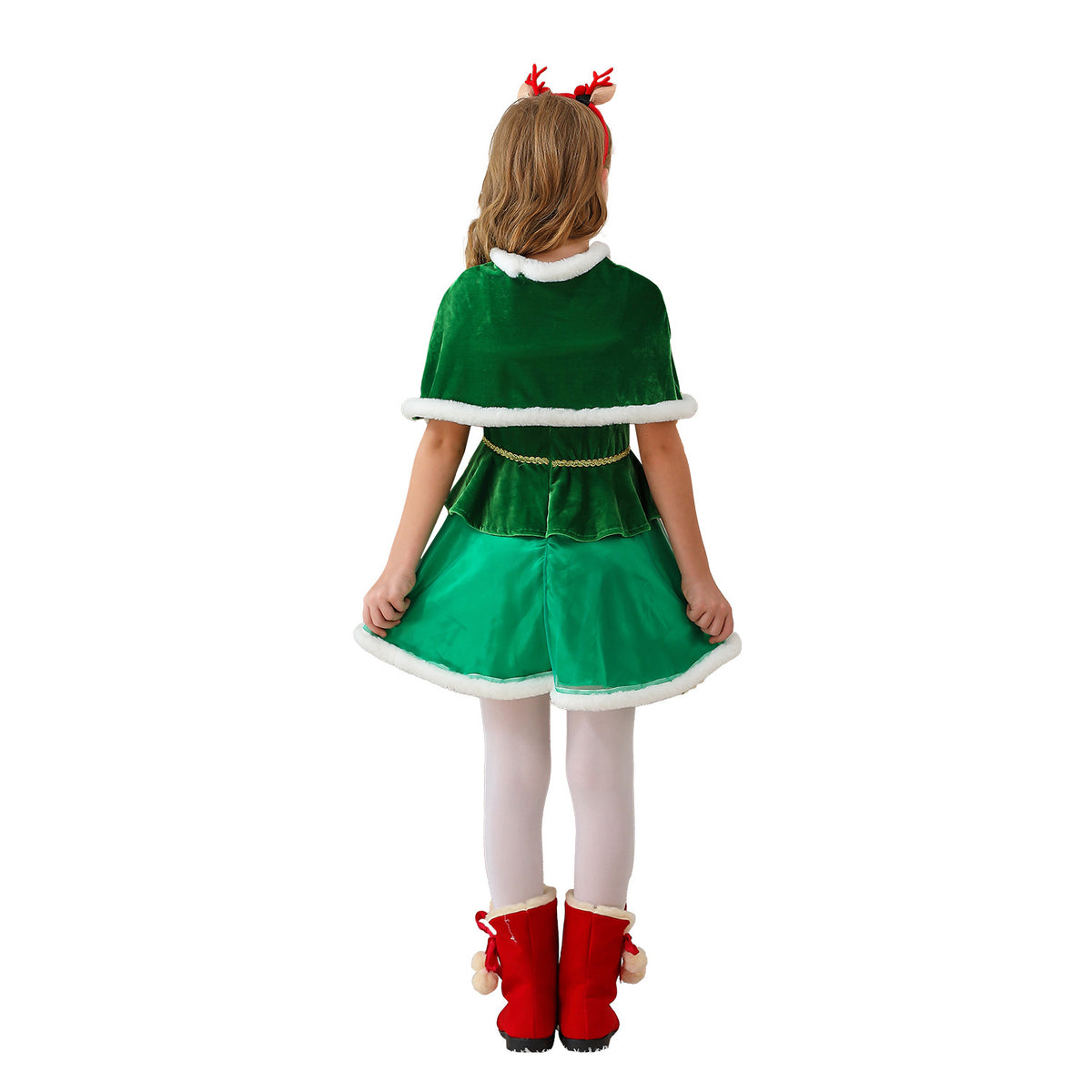 Kids Santa Claus Cape Dress, Christmas Tree Girls Party Costume Dress with Cape