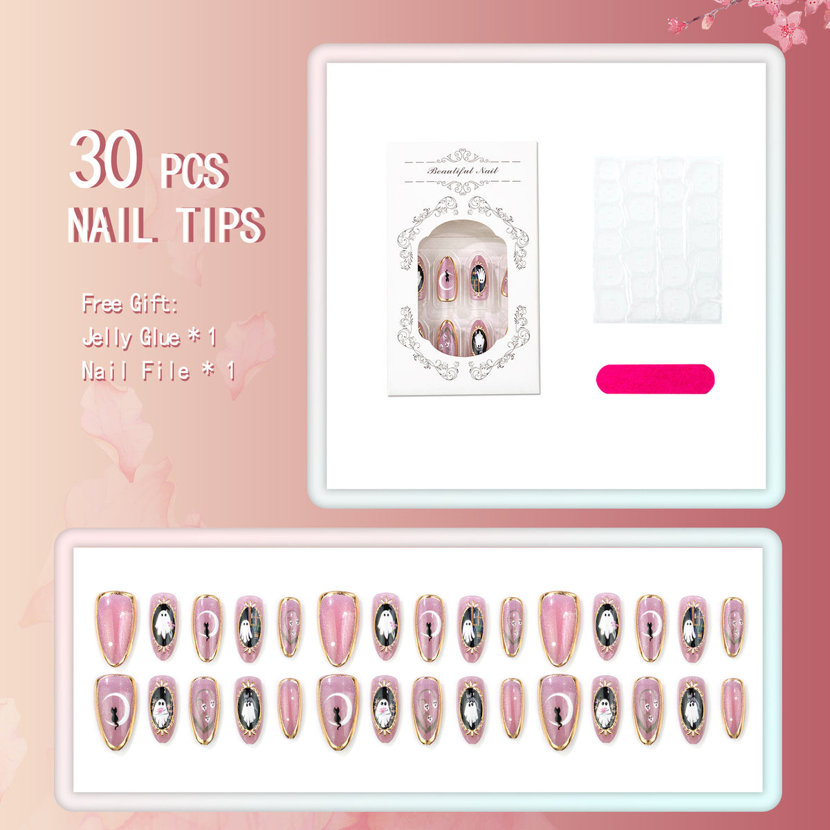 Halloween Purple Cat Eye Press On Nails, Ghost Sparkle Glitter False Nails