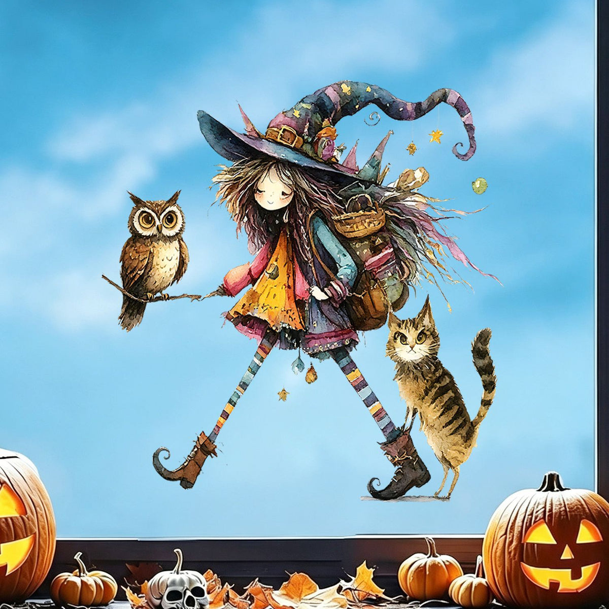 Halloween Fairytale Cartoon Witch Static Window Stickers, Kids Room Living Room Balcony Spooky Decorations