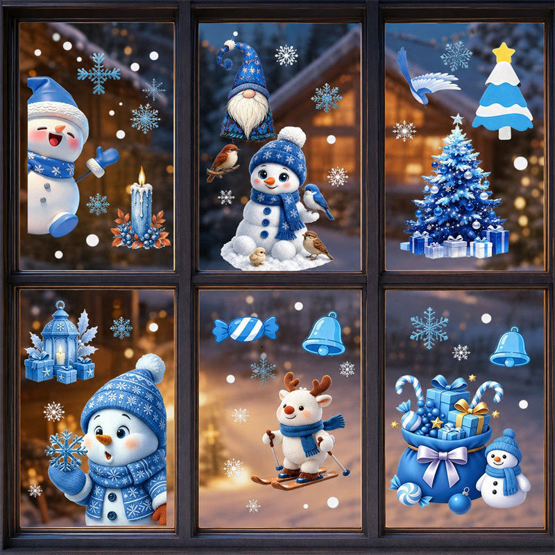 Blue Santa Snowman Window Clings Christmas Glass Stickers Snowflake Tree Static Decor