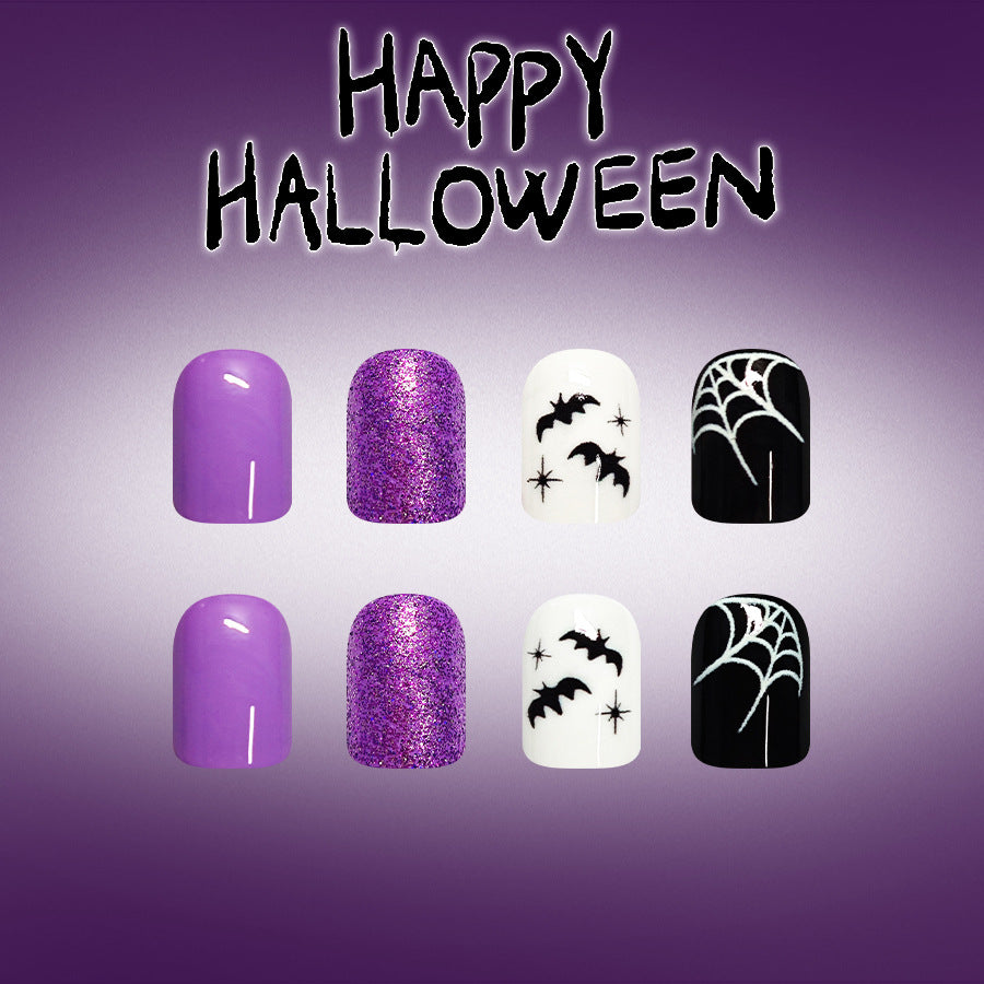 Halloween Press On Nails Short Square Glossy Purple Glitter Spider Web Ghost Bat 24 Pcs Set