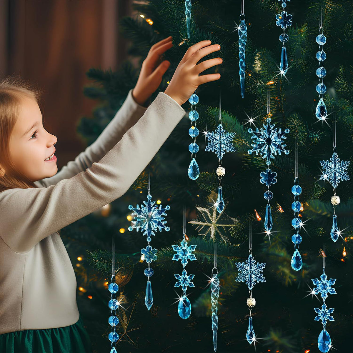 18 Pack Acrylic Christmas Tree Ornaments Set, Snowflake and Icicle Hanging Decorations
