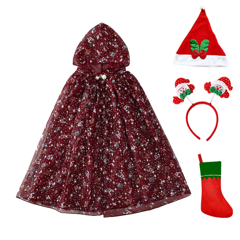 Kids Santa Claus Cape Costume, Red Cloak for Christmas Role Play Party Performance