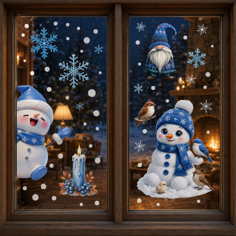 Blue Santa Snowman Window Clings Christmas Glass Stickers Snowflake Tree Static Decor