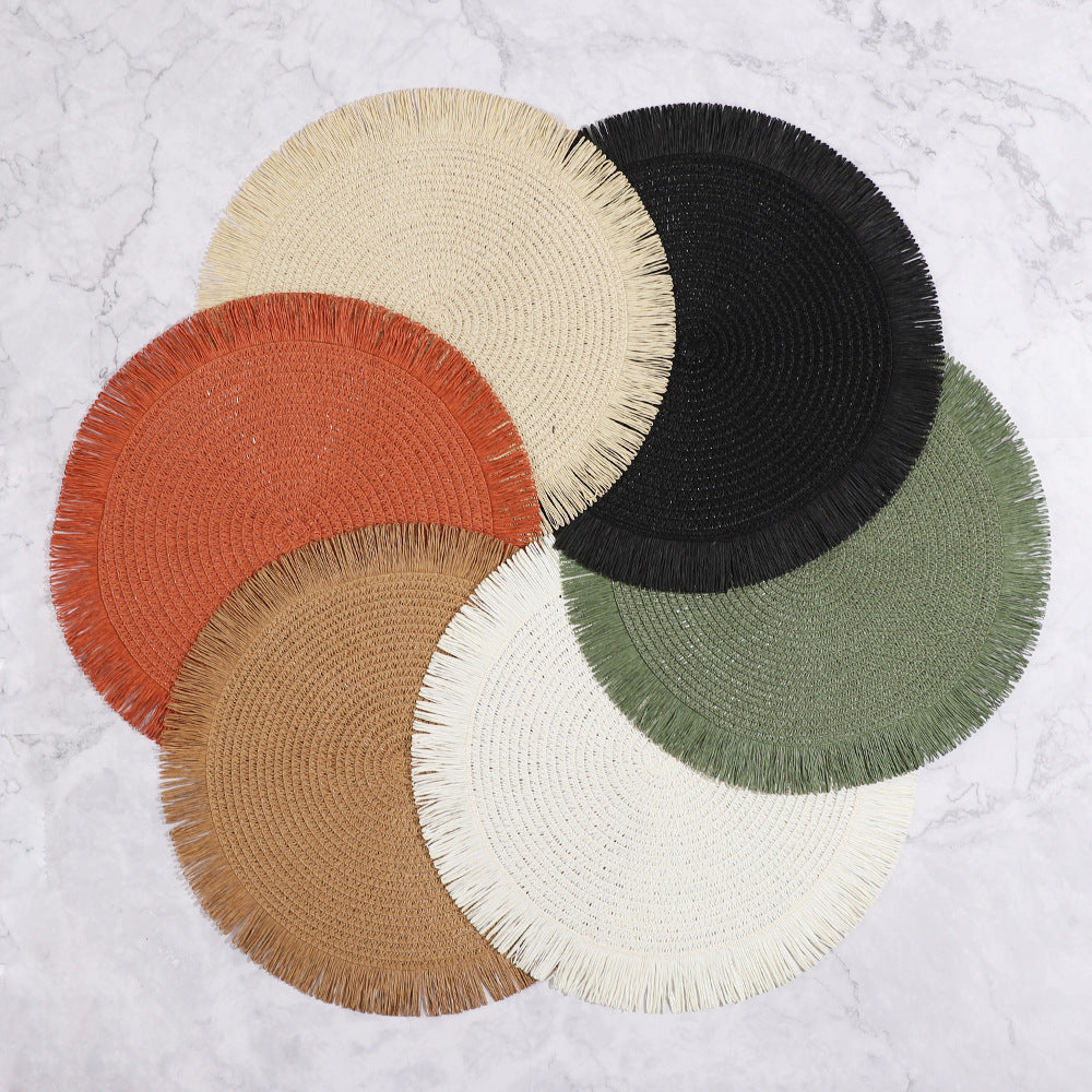 Round Fringed Braided Paper Placemats Boho Style Heat Resistant Table Mats for Dining