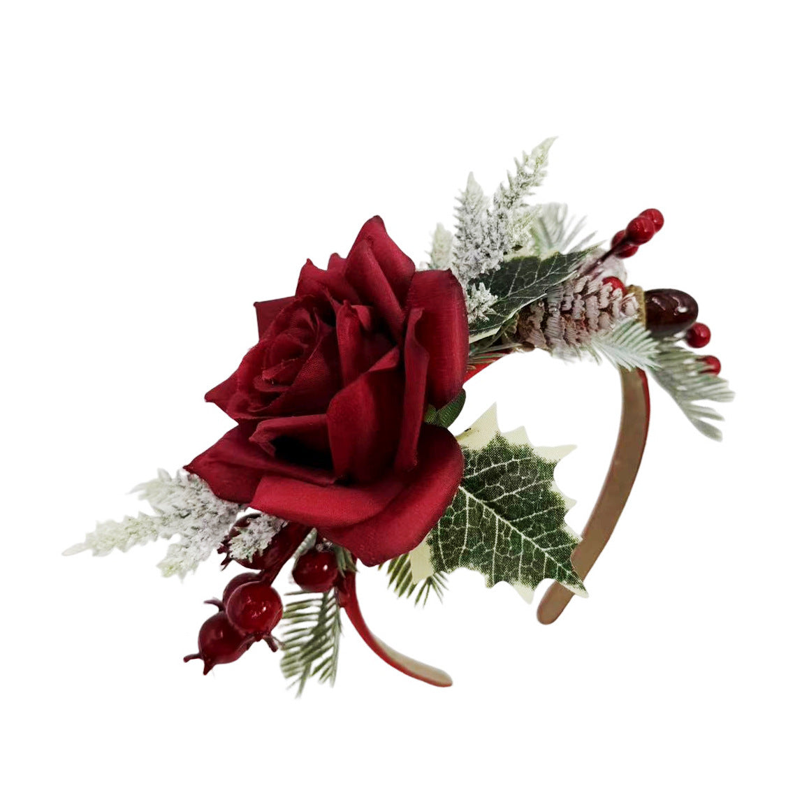 Christmas Rose Berry Headband, Faux Flower Hair Hoop for Girls Party Photo Accessories