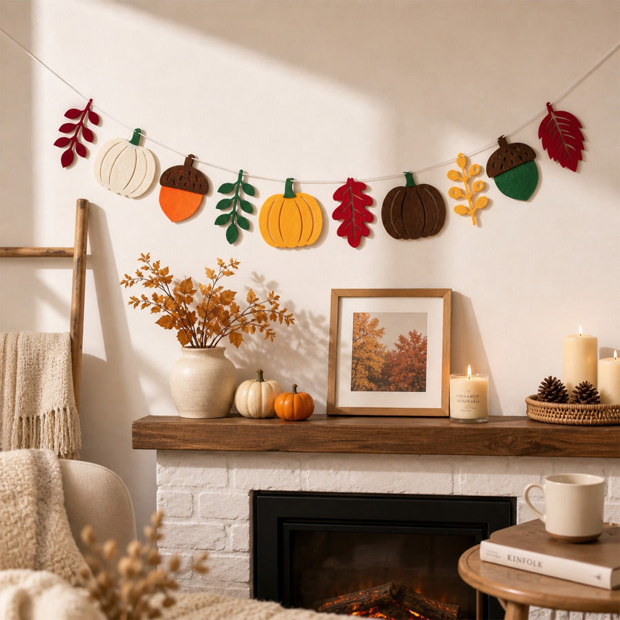 Fall Pumpkin Leaf Bunting Harvest Festival Thanksgiving Banner Mantel Home Party Decor