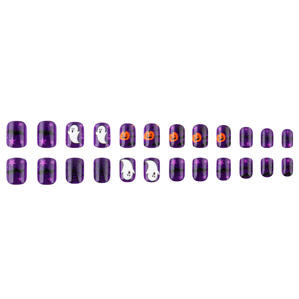 Halloween Press On Nails 24 Pcs, Ghost Spider Web Pumpkin Pattern Sweet Cool False Nails