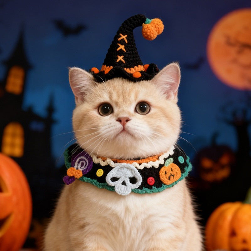 Halloween Knitted Pet Bib Bandana, Pumpkin Crochet Collar for Cats and Dogs