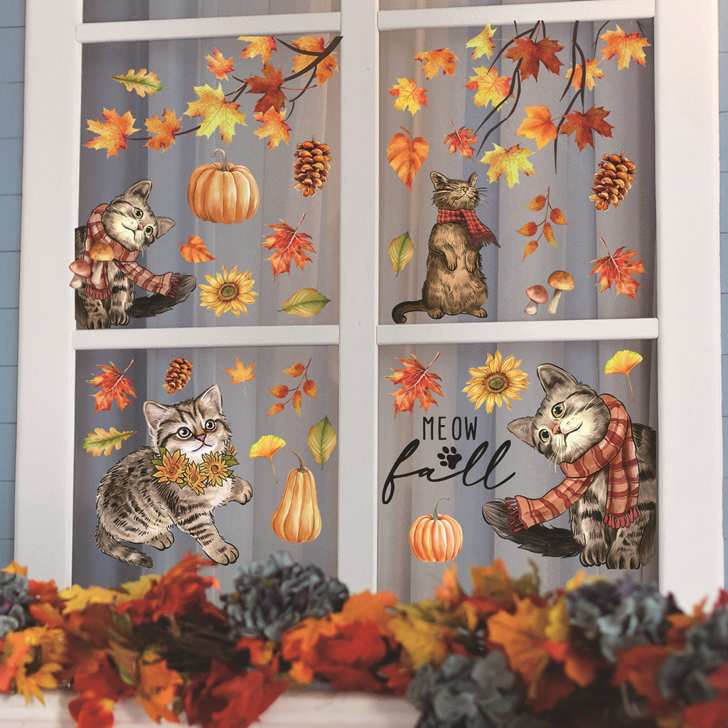 Fall Theme Maple Leaf Cat Pumpkin Window Clings, Static Home Decor Stickers
