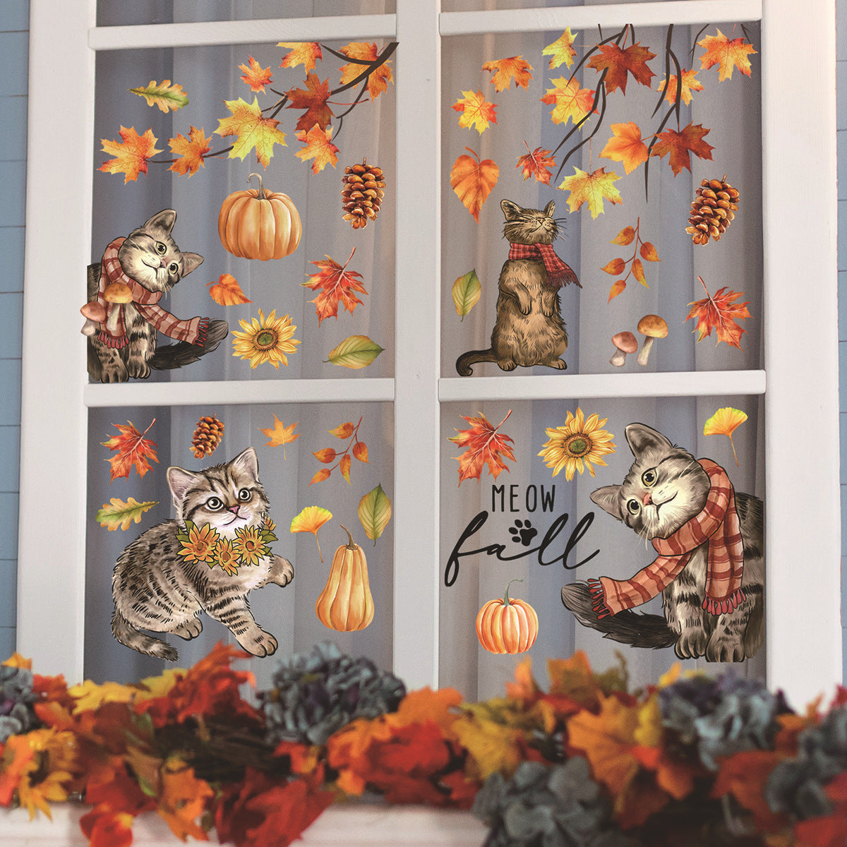 Fall Theme Maple Leaf Cat Pumpkin Window Clings, Static Home Decor Stickers