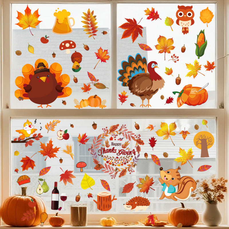 Thanksgiving Fall Maple Leaf Window Clings Turkey Static Glass Stickers Seasonal Decor