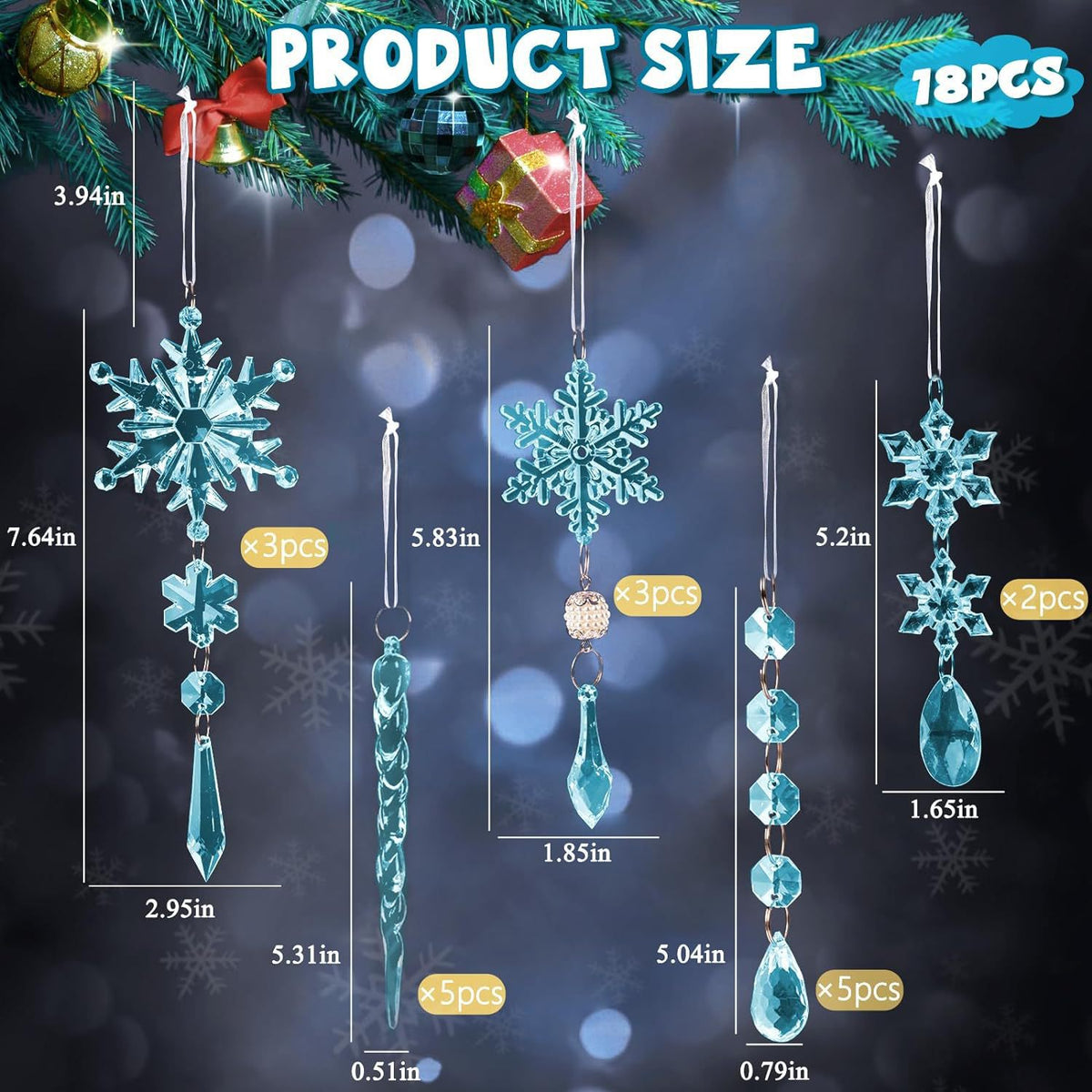 18 Pack Acrylic Christmas Tree Ornaments Set, Snowflake and Icicle Hanging Decorations