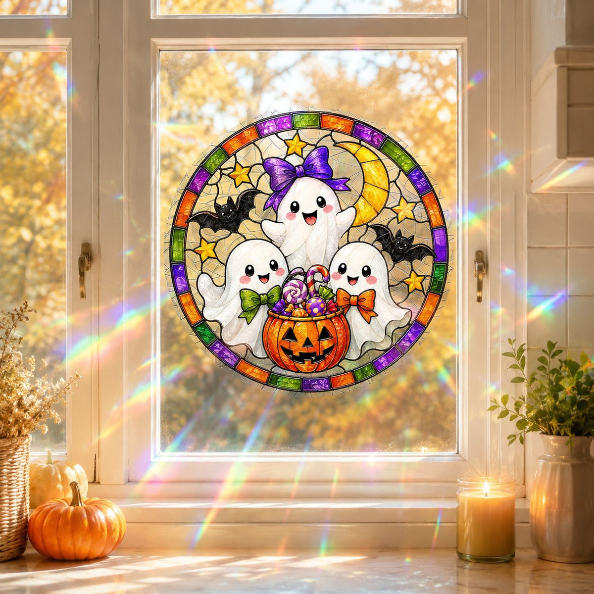 Halloween Pumpkin Ghost Window Clings, Iridescent Holographic Glass Stickers