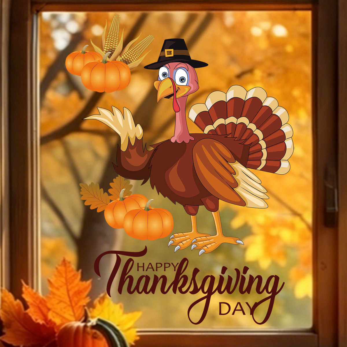 Thanksgiving Turkey Window Cling Harvest Scene Fall Family Party Glass Static Sticker