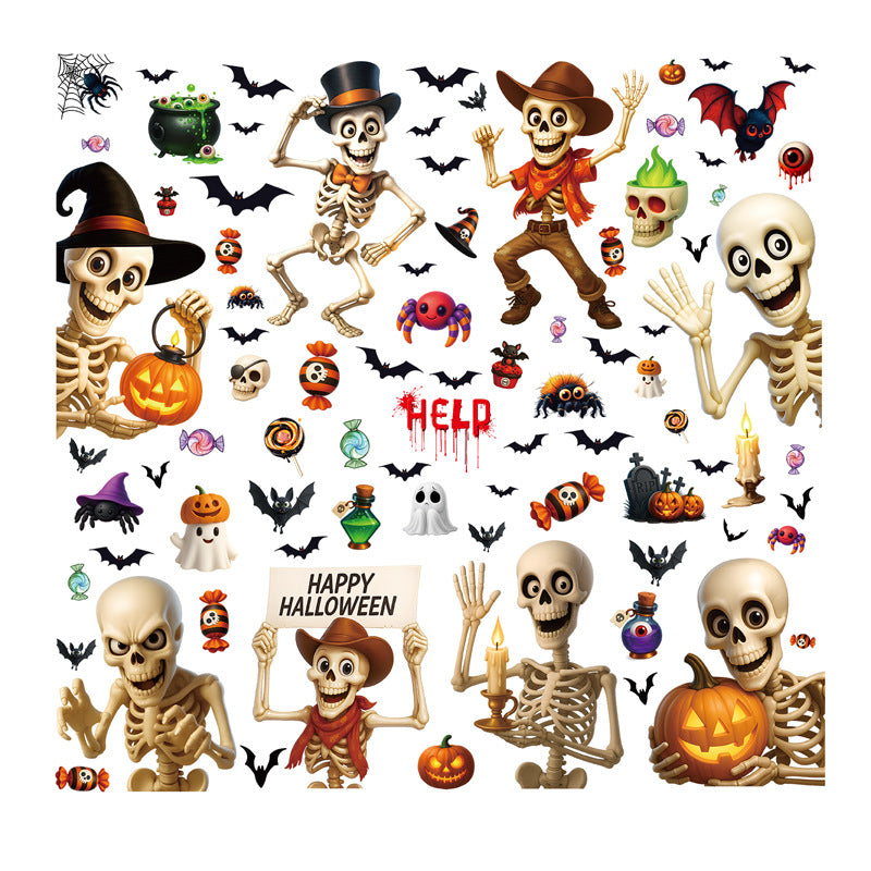 Halloween Funny Skull Pumpkin Bat Static Cling Glass Stickers, Creative Party Decoration Decals
