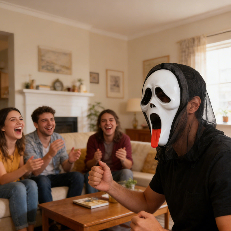 Halloween White Ghost Scream Mask With Veil, Plastic Scary Face Mask For Masquerade Costume Parties