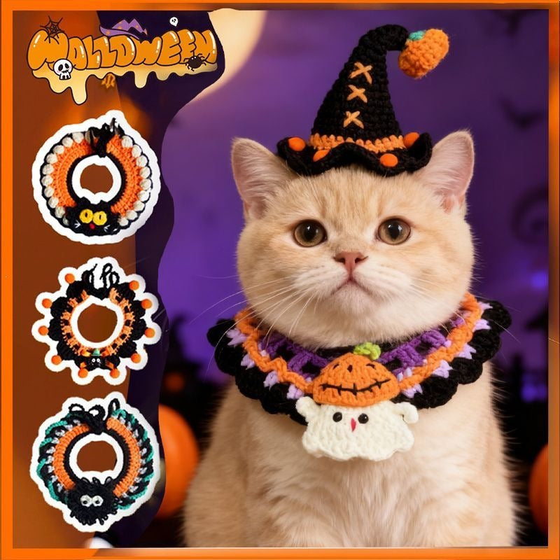 Halloween Knitted Pet Bib Bandana, Pumpkin Crochet Collar for Cats and Dogs