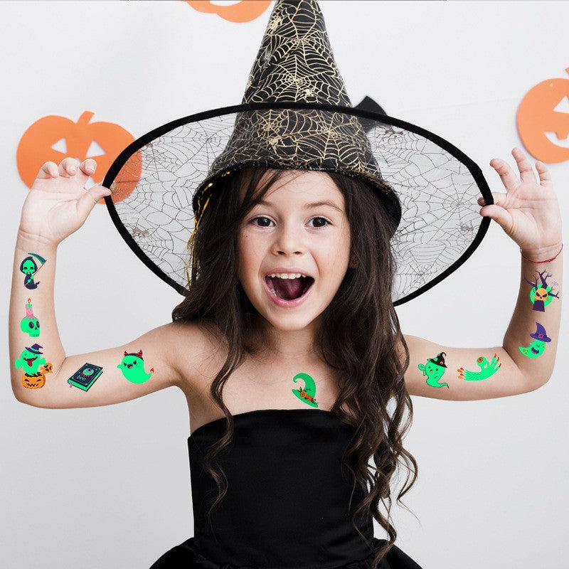 Halloween Glow in the Dark Cartoon Face Tattoos, Waterproof Fluorescent Green Kids Stickers