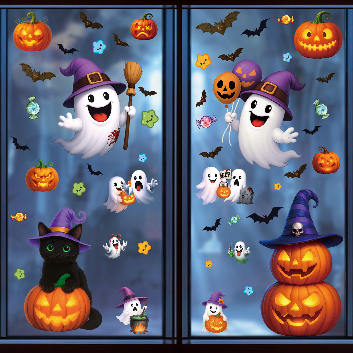 Halloween Pumpkin Ghost Bat Static Cling Stickers, Creative Glass Decals For Party Decorations