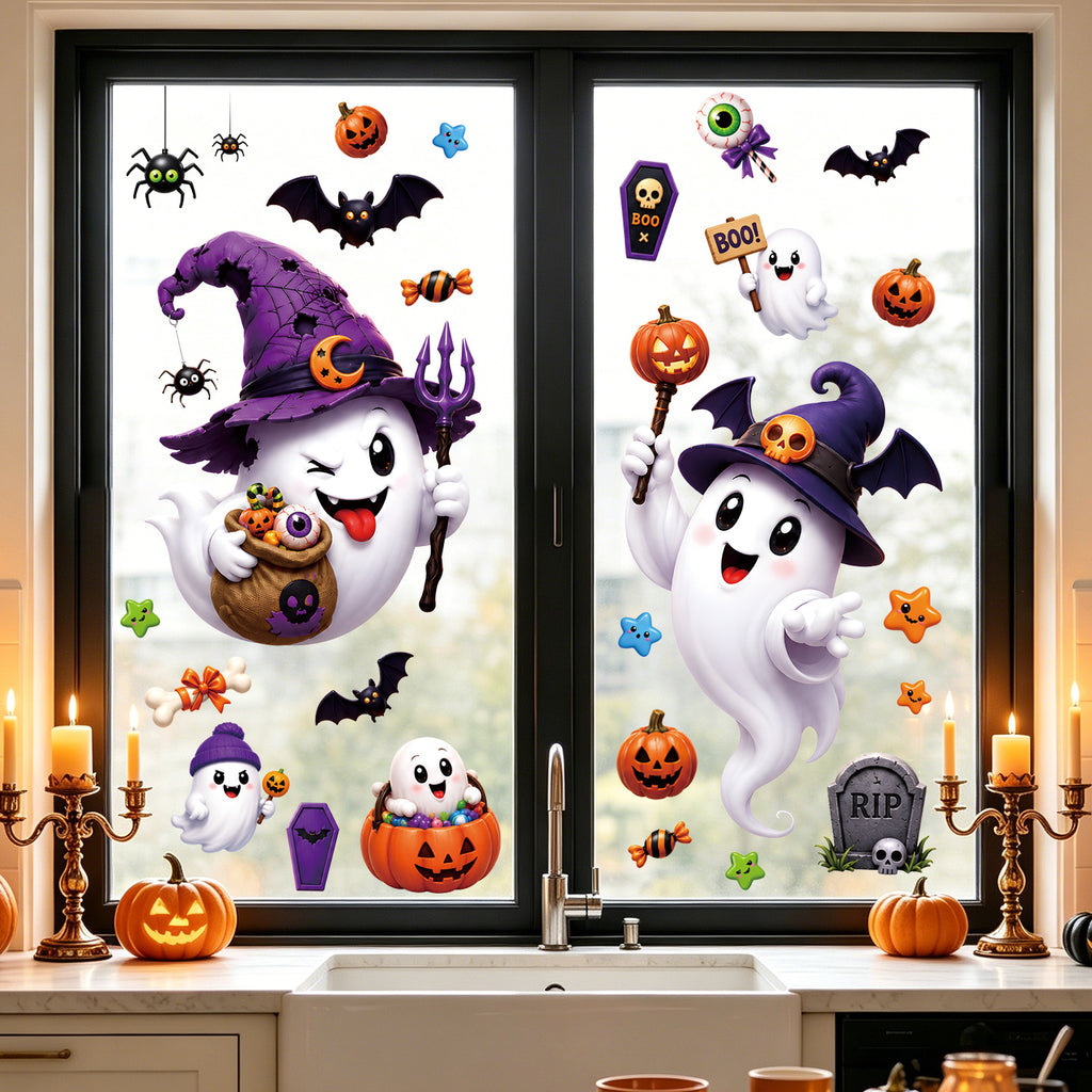 Halloween Cute Ghost Pumpkin Bat Window Clings, No Glue Removable Glass Stickers