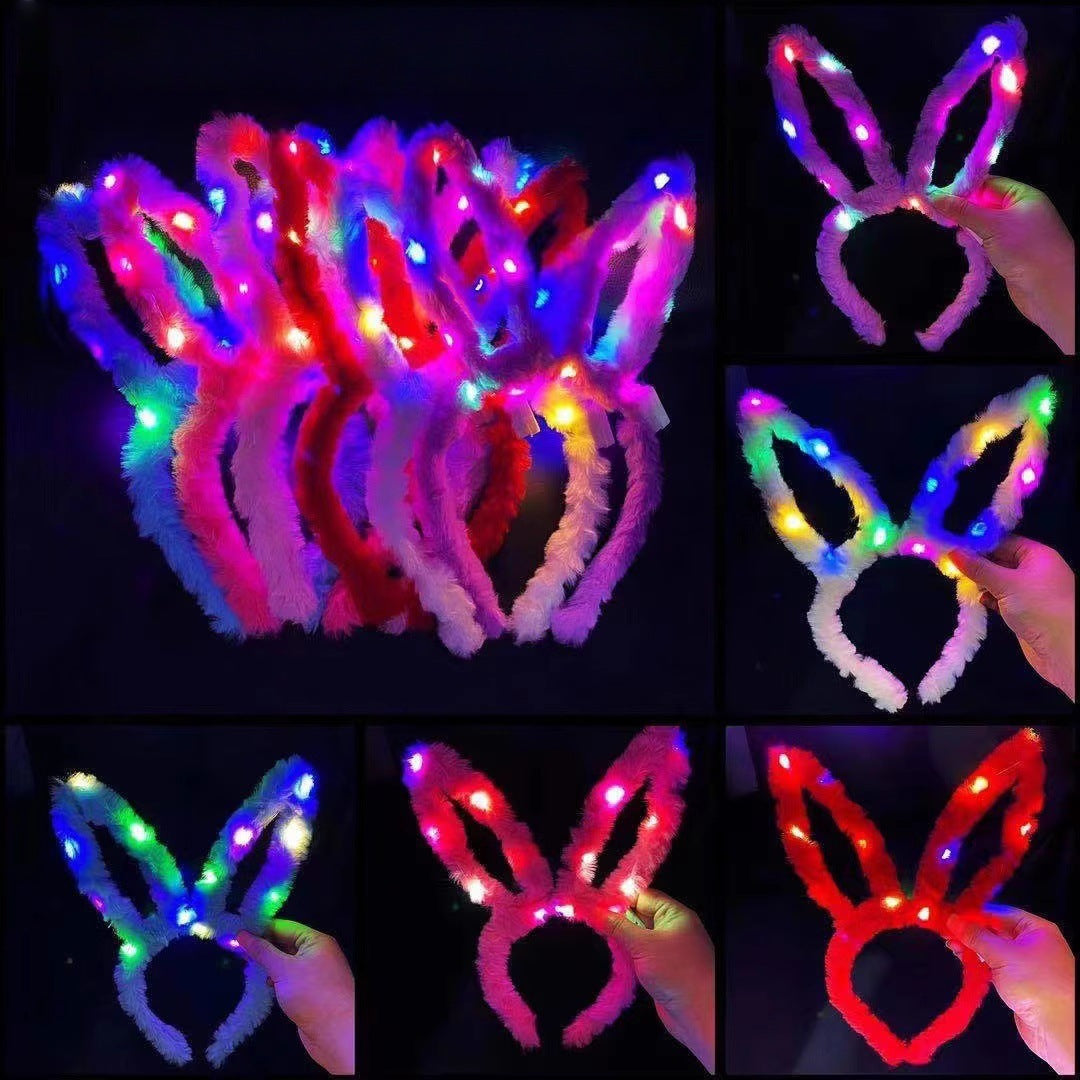 LED Light Up Furry Bunny Ear Headband, Christmas Glowing Hair Accessory for Kids Party