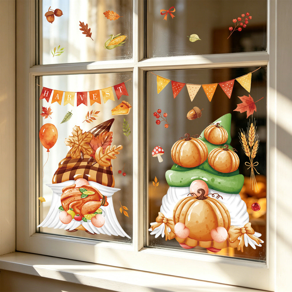 Fall Thanksgiving Static Window Stickers, Gnome Turkey Pumpkin Maple Leaf No Glue Glass Decals For Storefronts