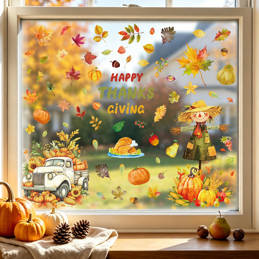 Thanksgiving Harvest Window Stickers, Maple Leaf Turkey Pumpkin Scarecrow Removable Static Cling