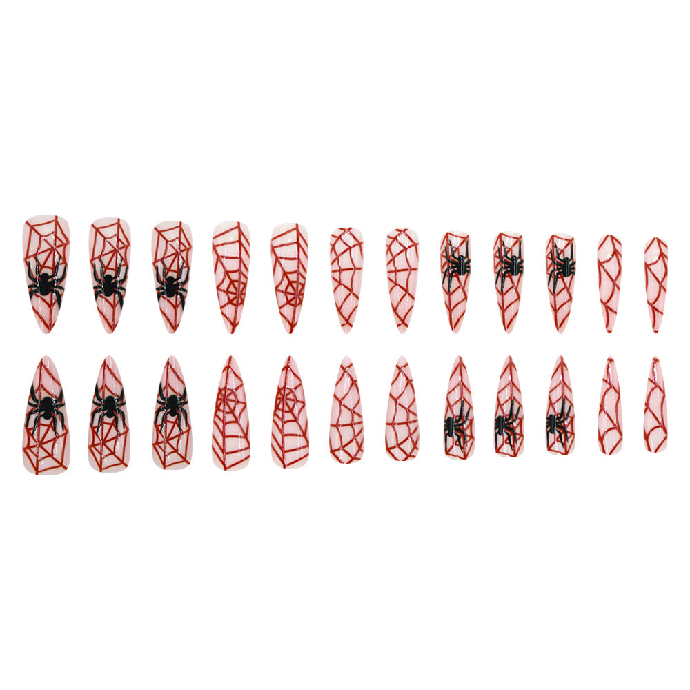 Halloween Long Stiletto Press On Nails, Blood Red Spider Web And Spider False Nails For Spooky Style