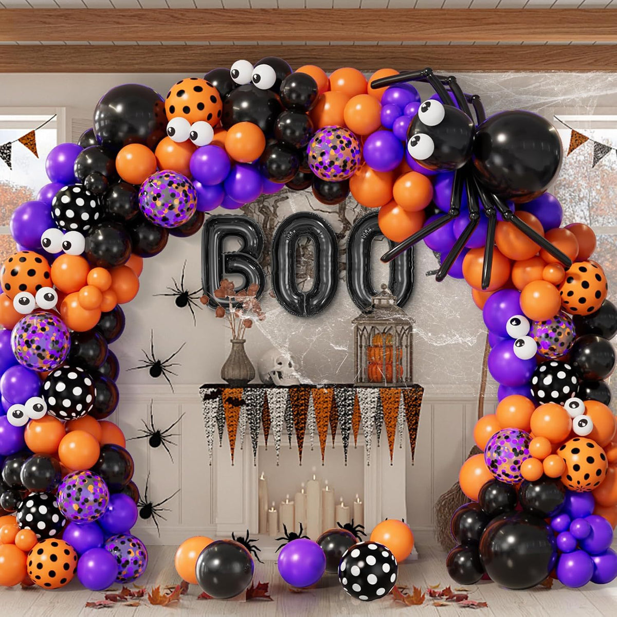 Halloween Balloon Garland Arch Kit, BOO Black And Orange Confetti Balloons With Spider Decorations Party Balloon Chain