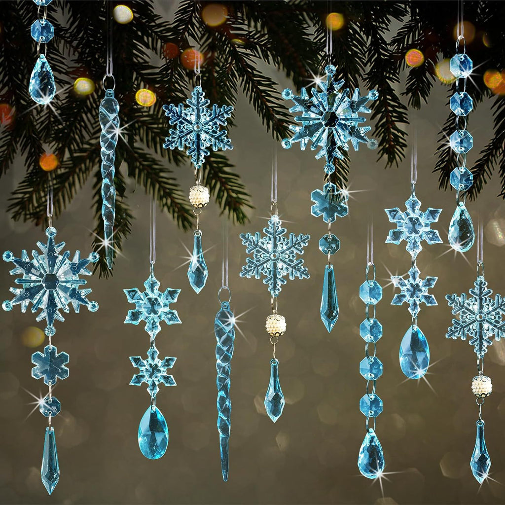 18 Pack Acrylic Christmas Tree Ornaments Set, Snowflake and Icicle Hanging Decorations