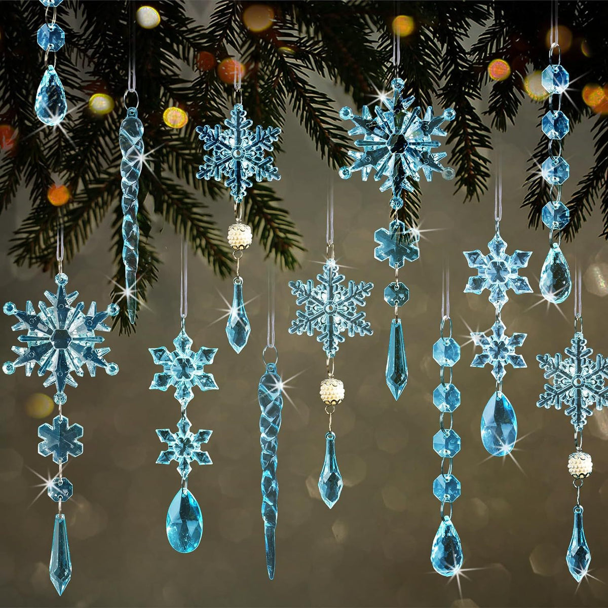 18 Pack Acrylic Christmas Tree Ornaments Set, Snowflake and Icicle Hanging Decorations