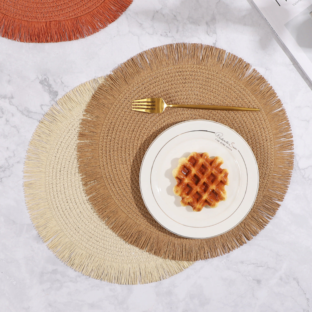 Round Fringed Braided Paper Placemats Boho Style Heat Resistant Table Mats for Dining