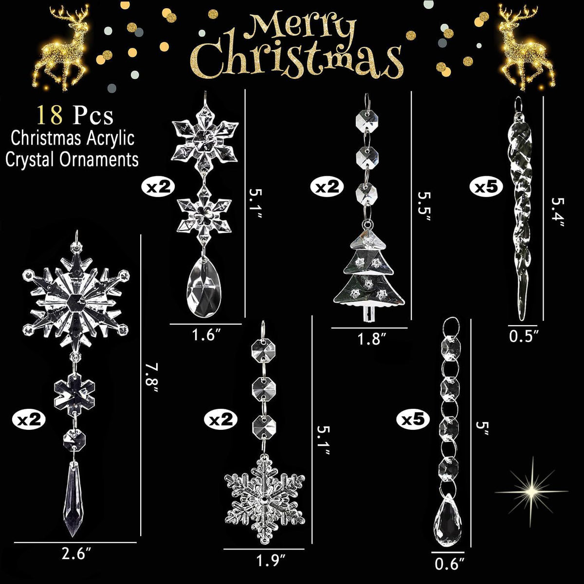 18 Pack Acrylic Christmas Tree Ornaments Set, Snowflake and Icicle Hanging Decorations