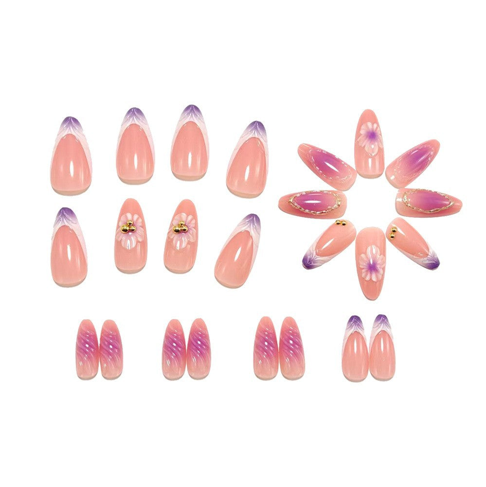 3D Resin Press On Nails, Raised Floral Gradient False Nails with Glossy Finish