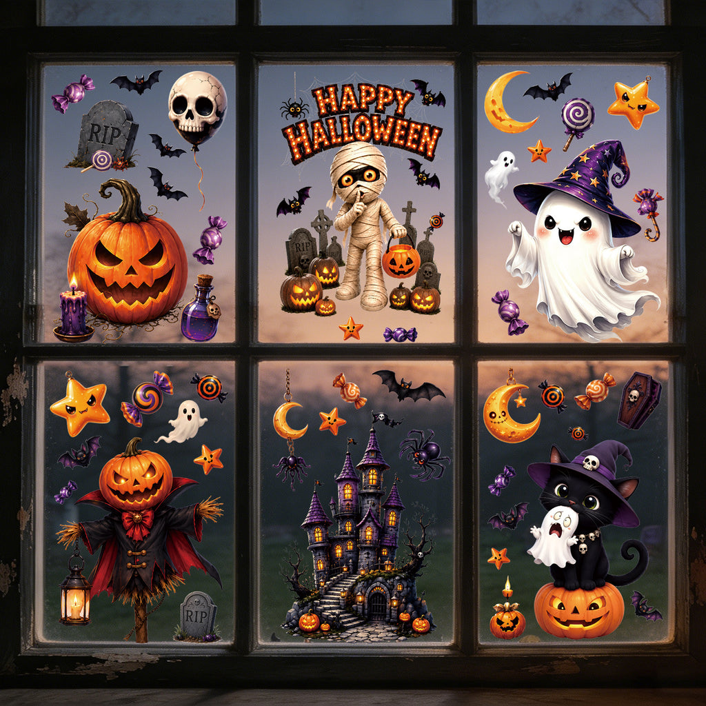 Halloween Static Window Stickers, Pumpkin Ghost Mummy Vampire Cartoon Glass Decals For Storefront Decor