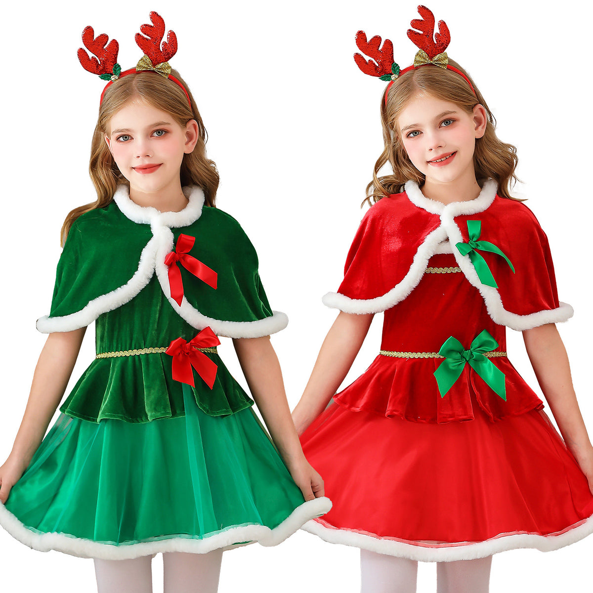 Kids Santa Claus Cape Dress, Christmas Tree Girls Party Costume Dress with Cape
