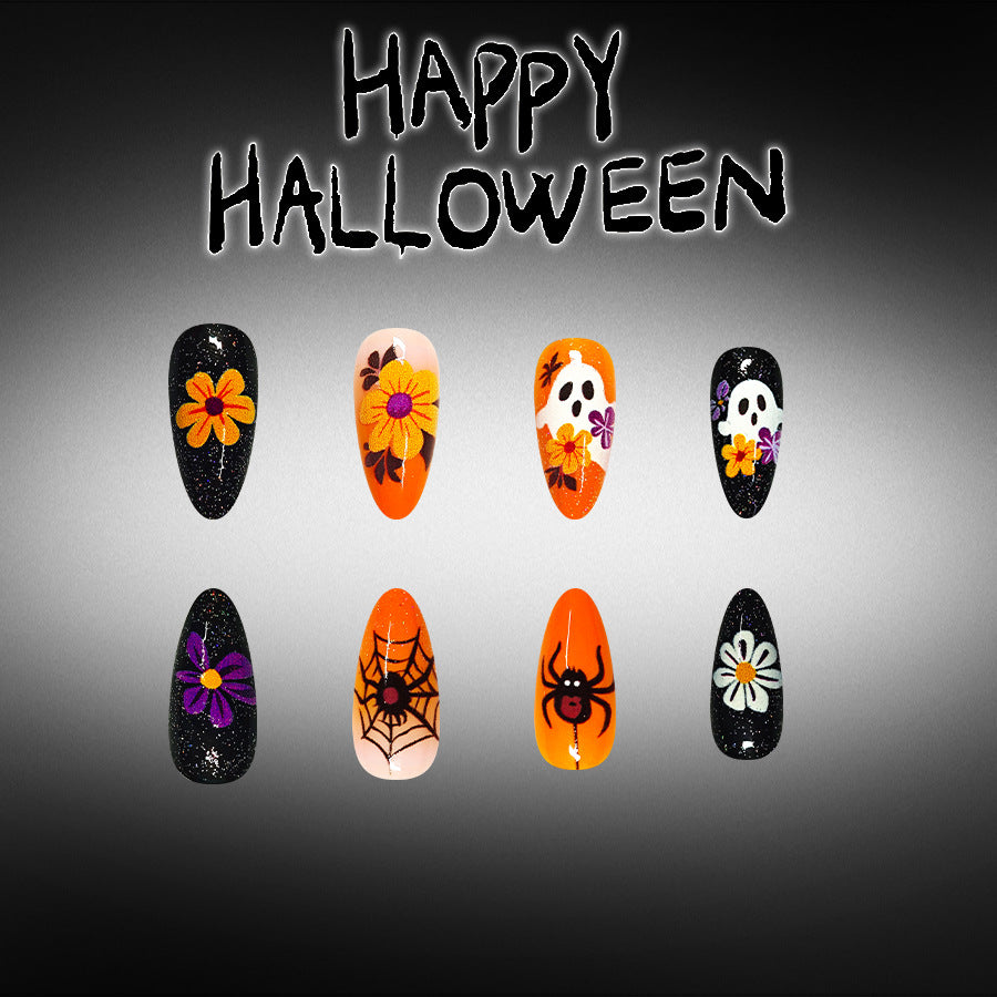 Medium Shiny Almond Halloween Press On Nails 24 Pcs, Orange Ghost Spider Web Flower Pattern False Nails