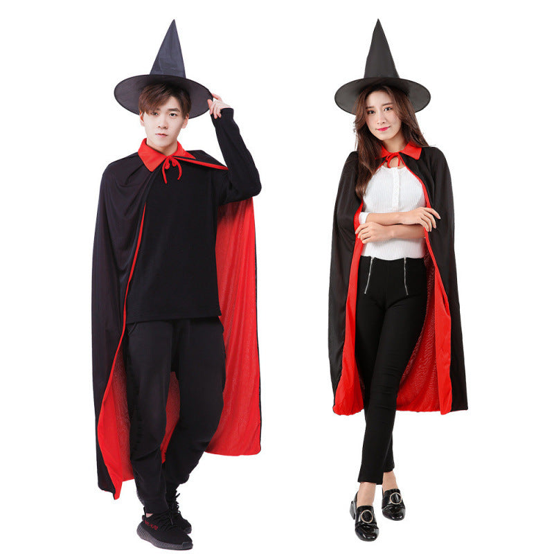 Halloween Death Wizard Cape for Adults and Kids, Black Red Double Layer Vampire Cloak