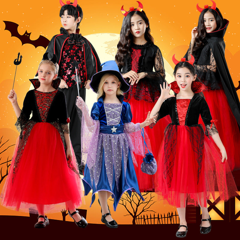 Kids Halloween Vampire Witch Costume, Girls Wizard Cape With Puff Sleeves For Masquerade Party