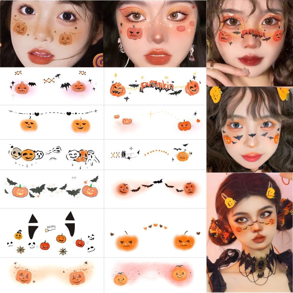 Halloween Face Tattoos Set, Nun Devil Scar Clown Cute Pumpkin Temporary Stickers