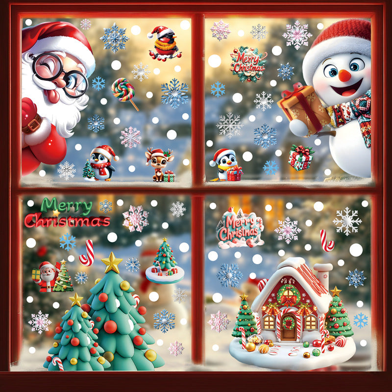 3D Snowflake Snowman Christmas Window Stickers, Santa Tree Gift PVC Static Cling Decals