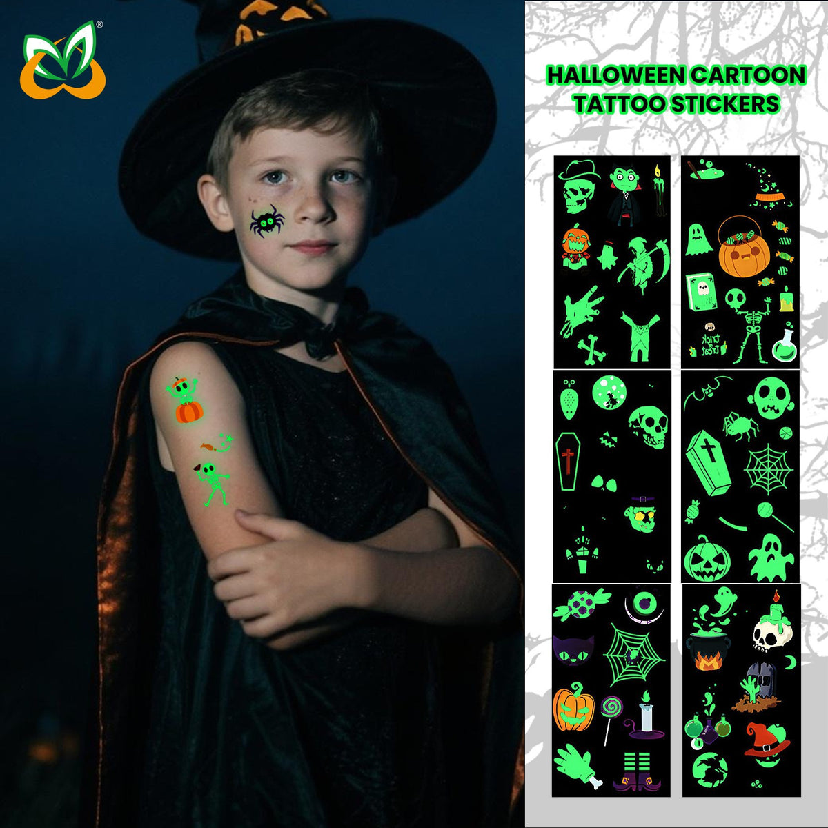 Halloween Glow in the Dark Temporary Tattoo Stickers, Cartoon Face Body Art for Kids
